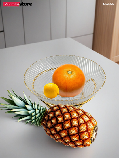 Блюдо-фруктовница 24 см. стекло с золотой обводкой, на металлической подставке