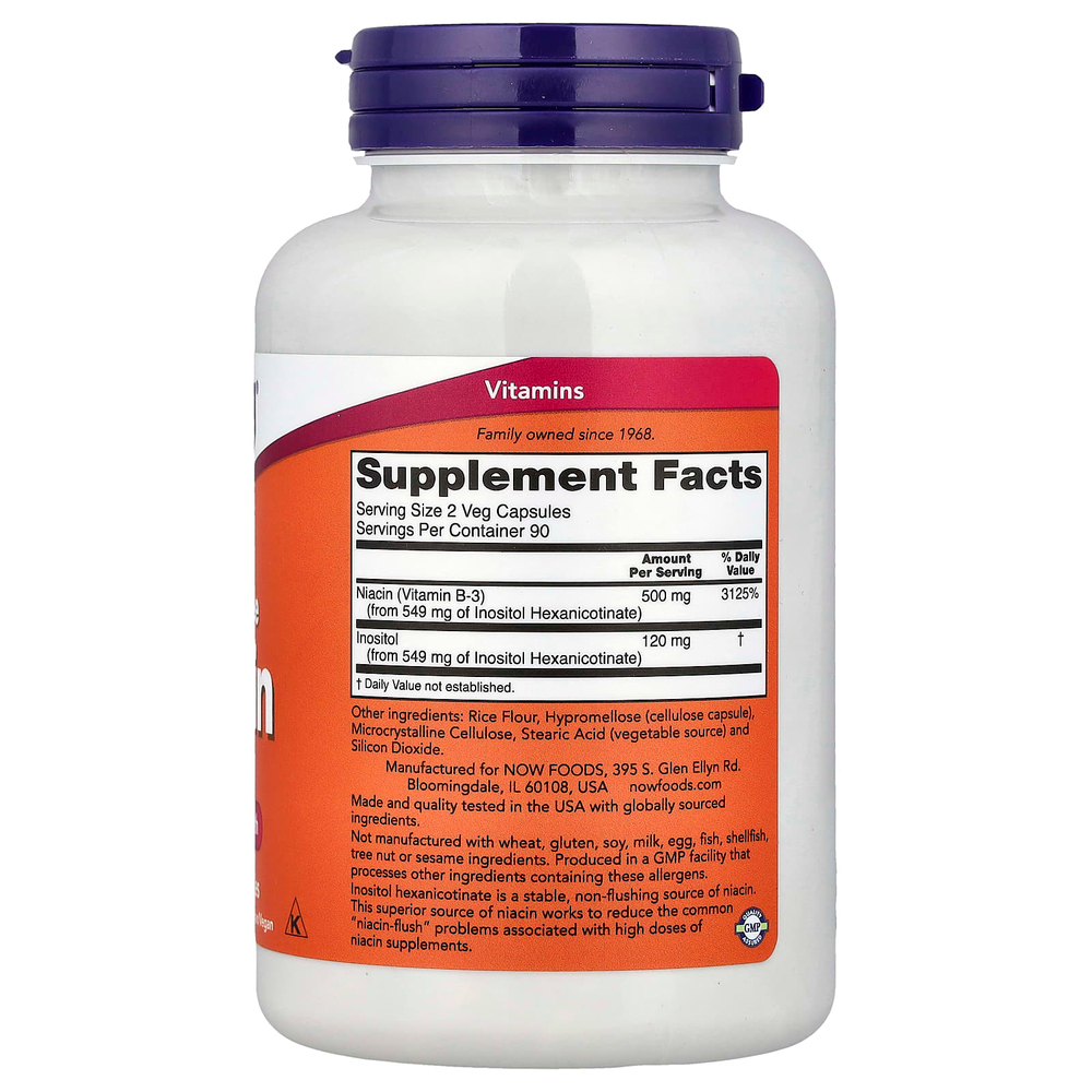 NOW Foods, ниацин без приливов, 250 мг, 180 растительных капсул