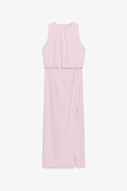 ZARA ПЛАТЬЕ МИДИ СО СБОРКАМИ, РОЗОВЫЙ