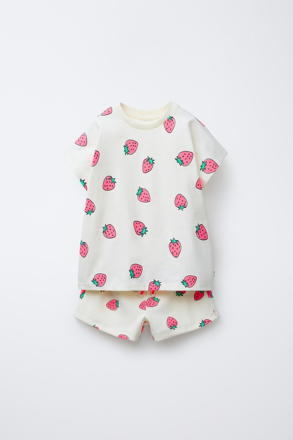 ZARA КОМПЛЕКТ ИЗ ФУТБОЛКИ И ШОРТОВ-БЕРМУДОВ В РУБЧИК С ПРИНТОМ, РОЗОВЫЙ