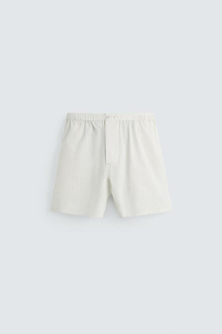 ZARA ПОЛОСАТЫЕ ХЛОПКОВЫЕ ШОРТЫ-БЕРМУДЫ, ЭКРЮ / СЕРЫЙ