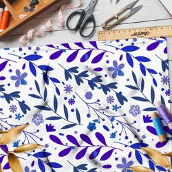 Ткань лён фиолетовая трава на белом фоне