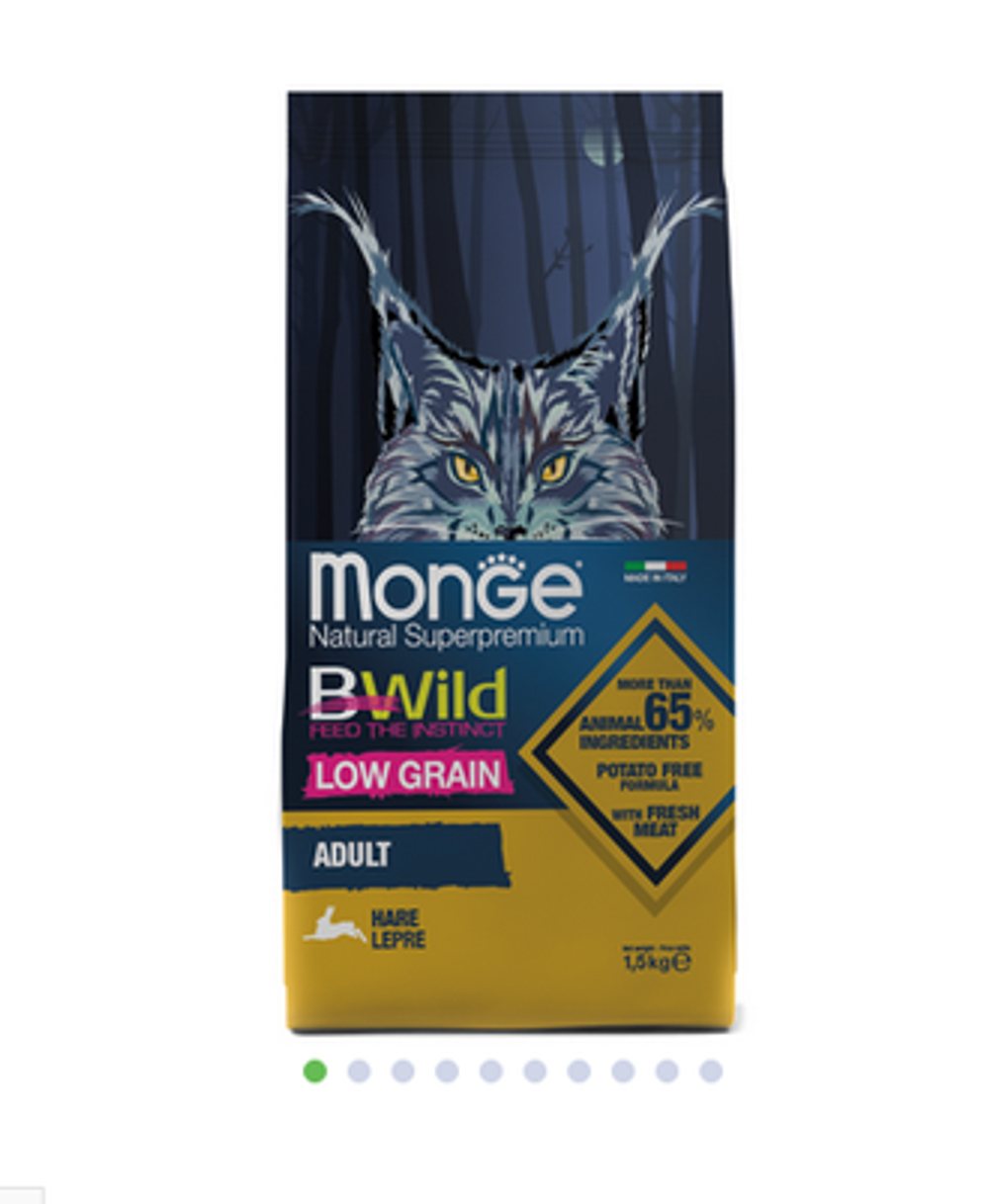 Monge Cat BWild LOW GRAIN Сухой низкозерновой корм для взрослых кошек из мяса зайца, 1,5 кг