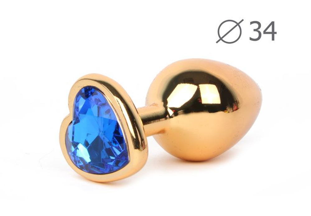 Каплевидная гладкая золотистая анальная втулка с кристаллом-сердечком синего цвета - 8 см. (Цвет: синий)