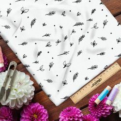 Ткань дюспо нарисованные листья на белом фоне