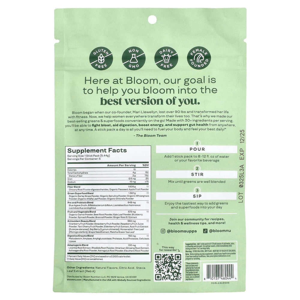 Bloom, Greens & Superfoods, ягоды, 5 пакетиков в стиках по 5,44 г (0,19 унции)