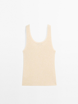 Massimo Dutti Топ из 100% хлопка в рубчик с контрастной деталью, бежевый