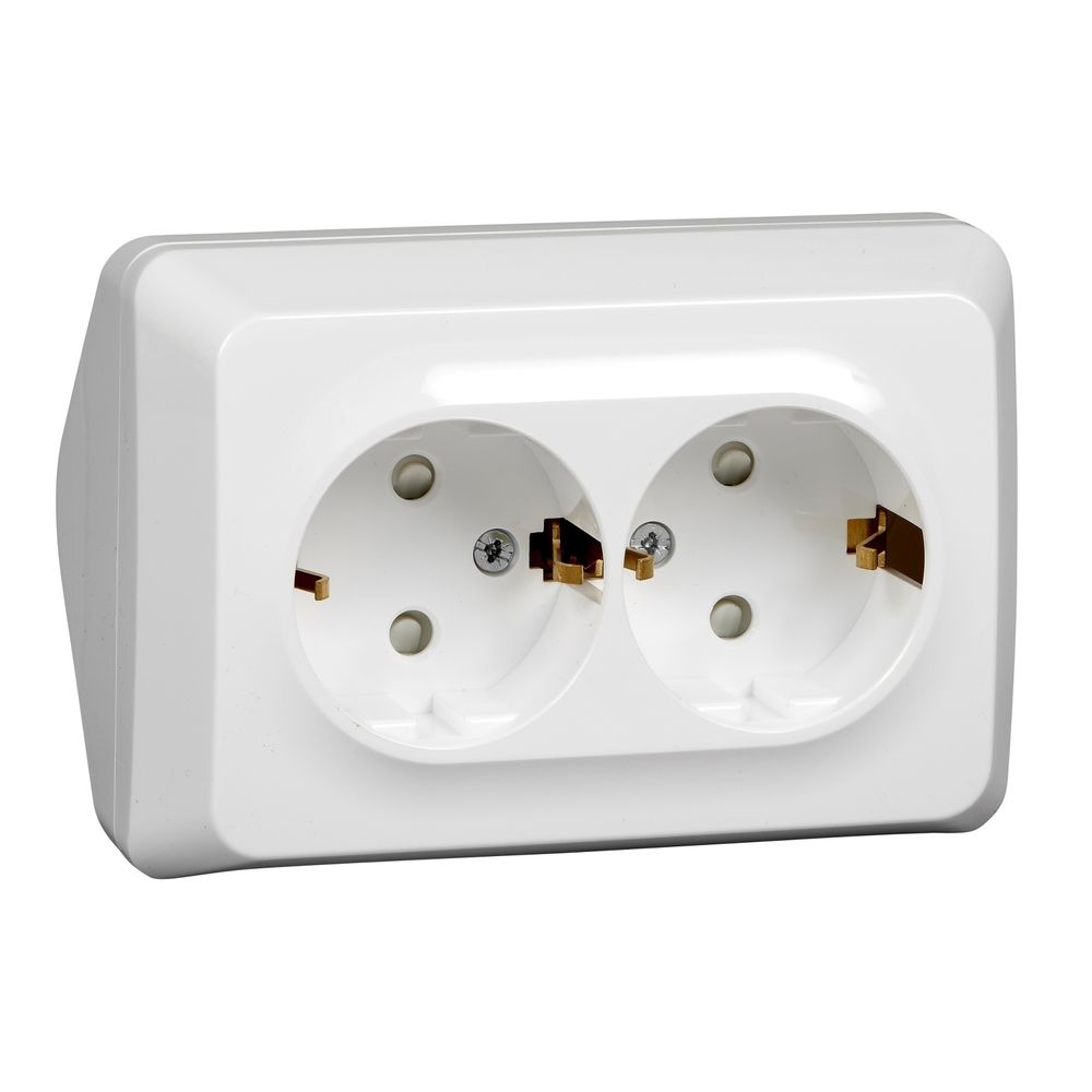 Schneider Electric ЭТЮД Белый Розетка 2-местная угловая с заземляющими контактами со шторками 16А, 250B открытая установка PA16-108B