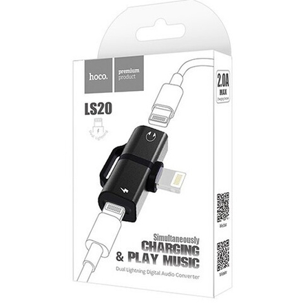 Аудио адаптер HOCO LS20 Lightning 8-pin на 2хLightning 8-pin, зарядка и аудио (черный)