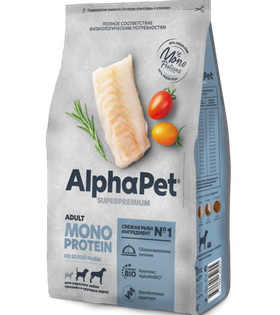 AlphaPet Superpremium Monoprotein Medium Adult для собак из белой рыбы 2кг.
