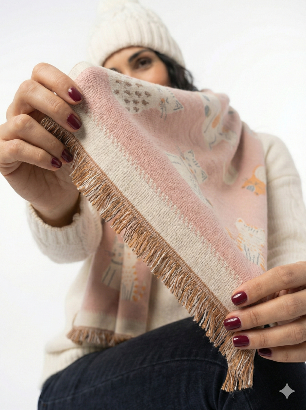 Двусторонний женский шарф с котятами, экокашемир, розовый, Китай