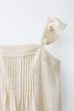 ZARA ДЛИННЫЙ КОМБИНЕЗОН ИЗ ЛЬНА С КРУЖЕВОМ, ЭКРЮ