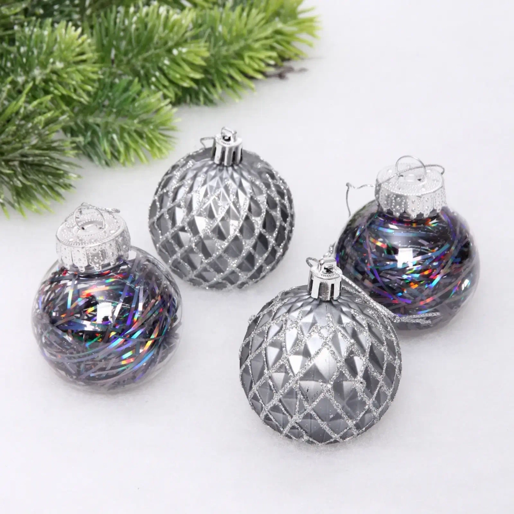 Новогодние шары 6 см (набор 4 шт) «Яркая метель», графит/серебро