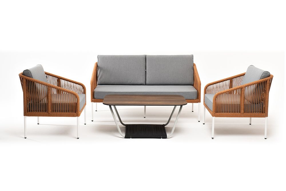 "Канны" лаунж-зона 4-местная из роупа со столом "Глория" цвет "дуб", каркас алюминиевый светло-серый, роуп оранжевый меланж