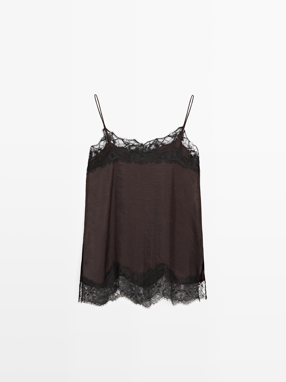 Massimo Dutti Топ в бельевом стиле с контрастной отделкой кружевом, коричневый