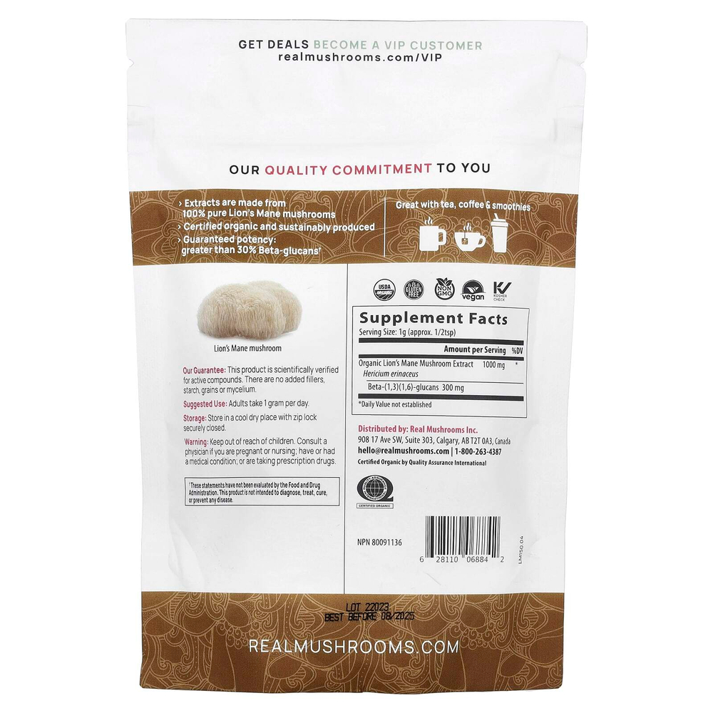 Real Mushrooms, Lion's Mane, органический экстракт грибов в порошке, 150 г (5,29 унции)