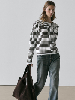 Massimo Dutti Свитер в полоску с декоративными деталями на рукавах, голубой