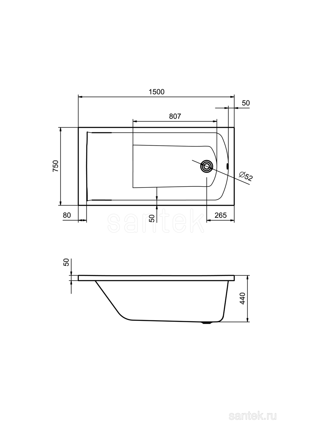 Акриловая ванна Santek Фиджи 150х75 прямоугольная 1WH501598