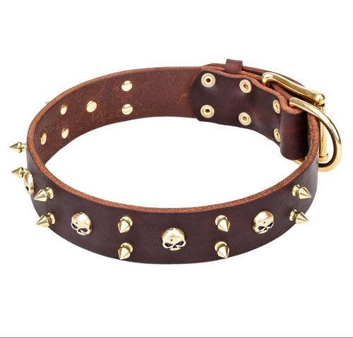 Кожаный ошейник с готическими украшениями в виде черепов "HARD ROCK"  коричневый, Латунь С60 82,5см