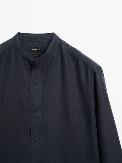 Massimo Dutti Льняная рубашка классического кроя с воротником-стойкой,  темно-синий