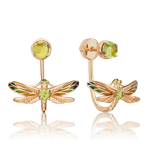 Серьги-джекеты «Стрекозы» из красного золота с хризолитами и эмалью