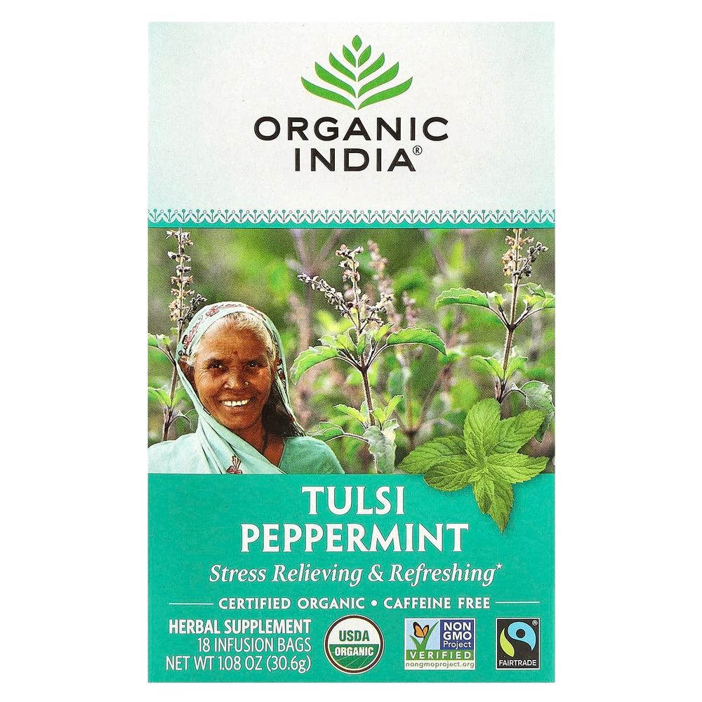 Organic India, чай с тулси и перечной мятой, без кофеина, 18 пакетиков, 30,6 г (1,08 унции)