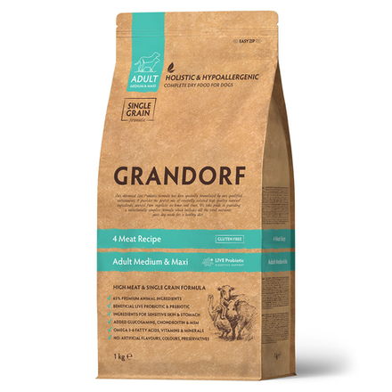 GRANDORF 4 Meat Medium&Maxi Adult - 4 мяса с бурым рисом для средних, крупных собак от 1 года (Биоразлагаемая упаковка)