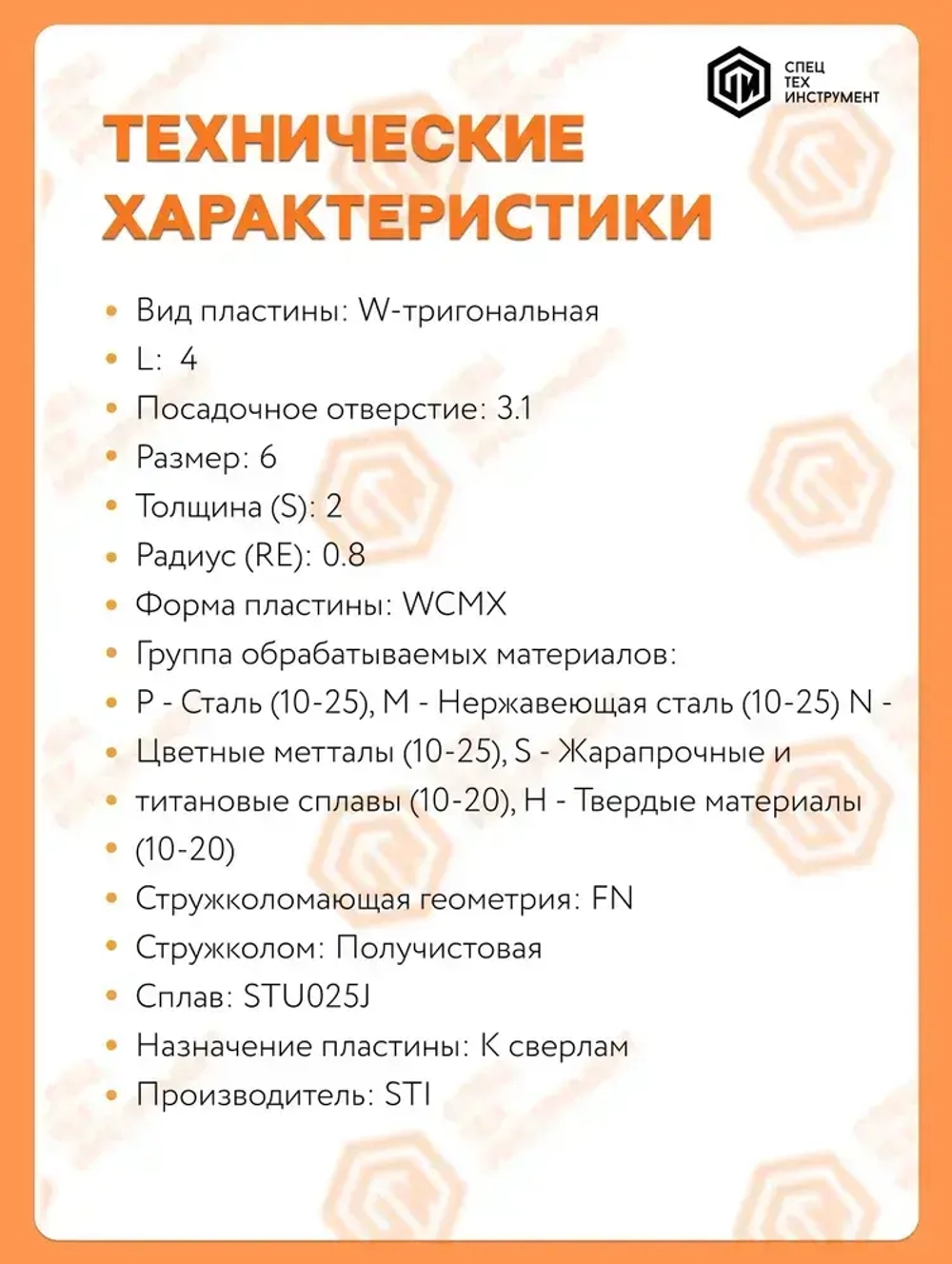 Пластина WCMX040208FN STU025J STI 10 штук СпецТехИнструмент