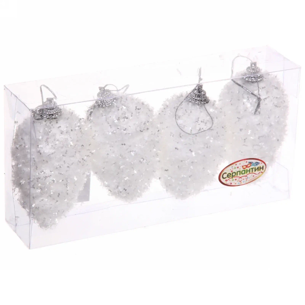 Ёлочные игрушки «Морозный иней» ШИШКА 7 см (набор 4 шт), Белый