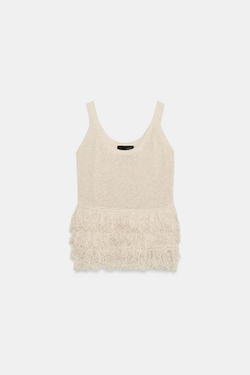 ZARA ТРИКОТАЖНЫЙ ТОП С БАХРОМОЙ, ЭКРЮ