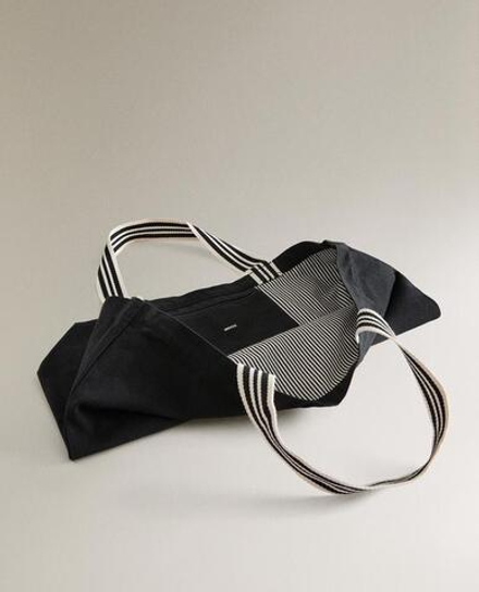 ZARA HOME ДВУСТОРОННЯЯ ПОЛОСАТАЯ ТКАНЕВАЯ СУМКА-ШОППЕР, ЧЕРНЫЙ