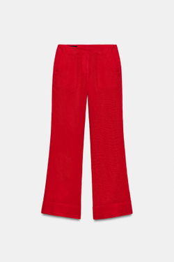 ZARA БРЮКИ ПРЯМОГО КРОЯ ИЗ СМЕСОВОГО ЛЬНА, КРАСНЫЙ