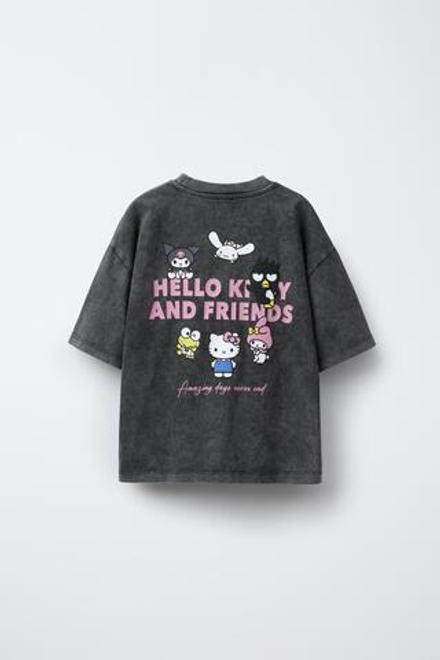 ZARA ФУТБОЛКА С ЭФФЕКТОМ ПОТЕРТОСТИ И ПРИНТОМ HELLO KITTY AND FRIENDS ©,. СЕРЫЙ С МЕЛАНЖЕВЫМ ЭФФЕКТОМ