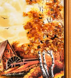 AMB-74/67 Картина «Мельница у озера» (с янтарной крошкой) дер.краш.рамка 12х15