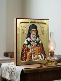 Икона Нектария Эгинского, святителя (в красно-белом, клобук) на дереве: 125 х 160 (Синопсисъ)
