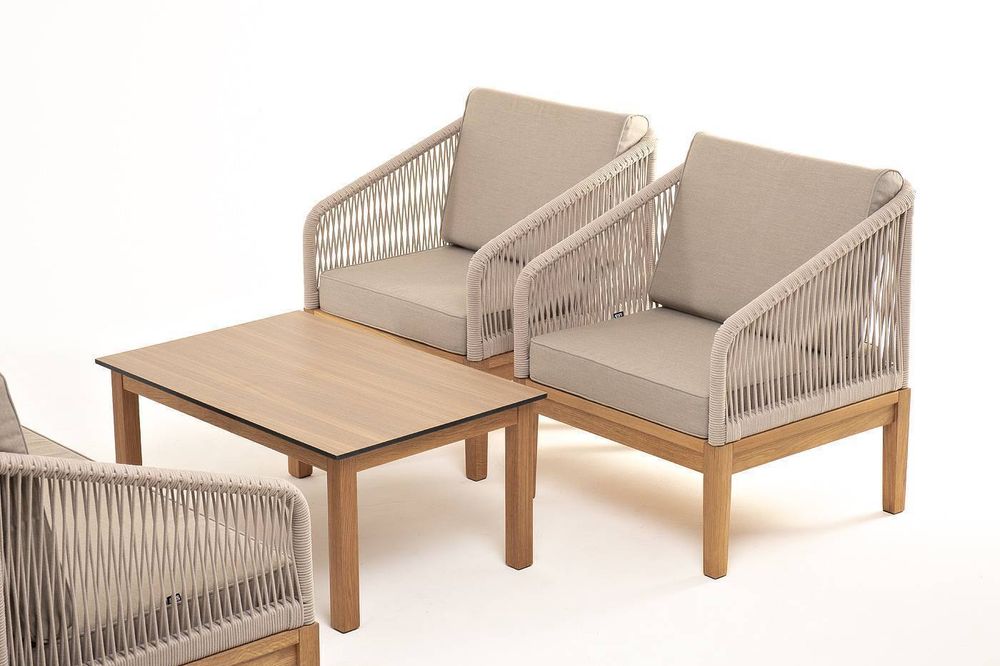 "Канны" лаунж-зона 4-местная из роупа со столиком "Канны" цвета "дуб", основание дуб, роуп бежевый