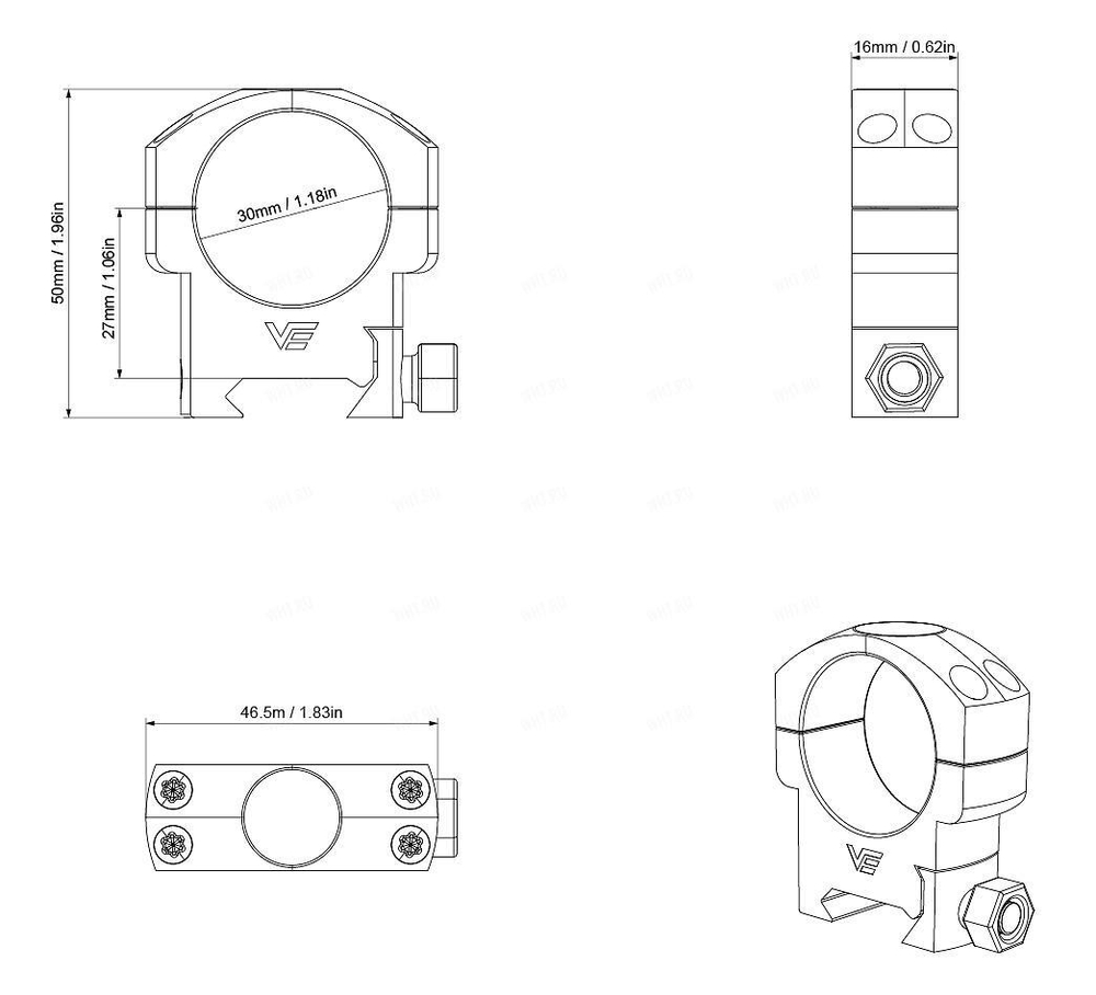 Кольца VECTOR Mark Medium на базу Picatinny, ø30 мм (4 винта), BH=11,0 мм
