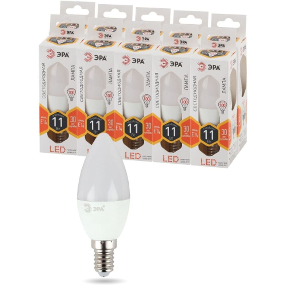 Лампа светодиодная ЭРА STD LED B35-11W-827-E14 11Вт свеча теплый белый свет Е14 | Лампы cветодиодные Свеча (B/C)