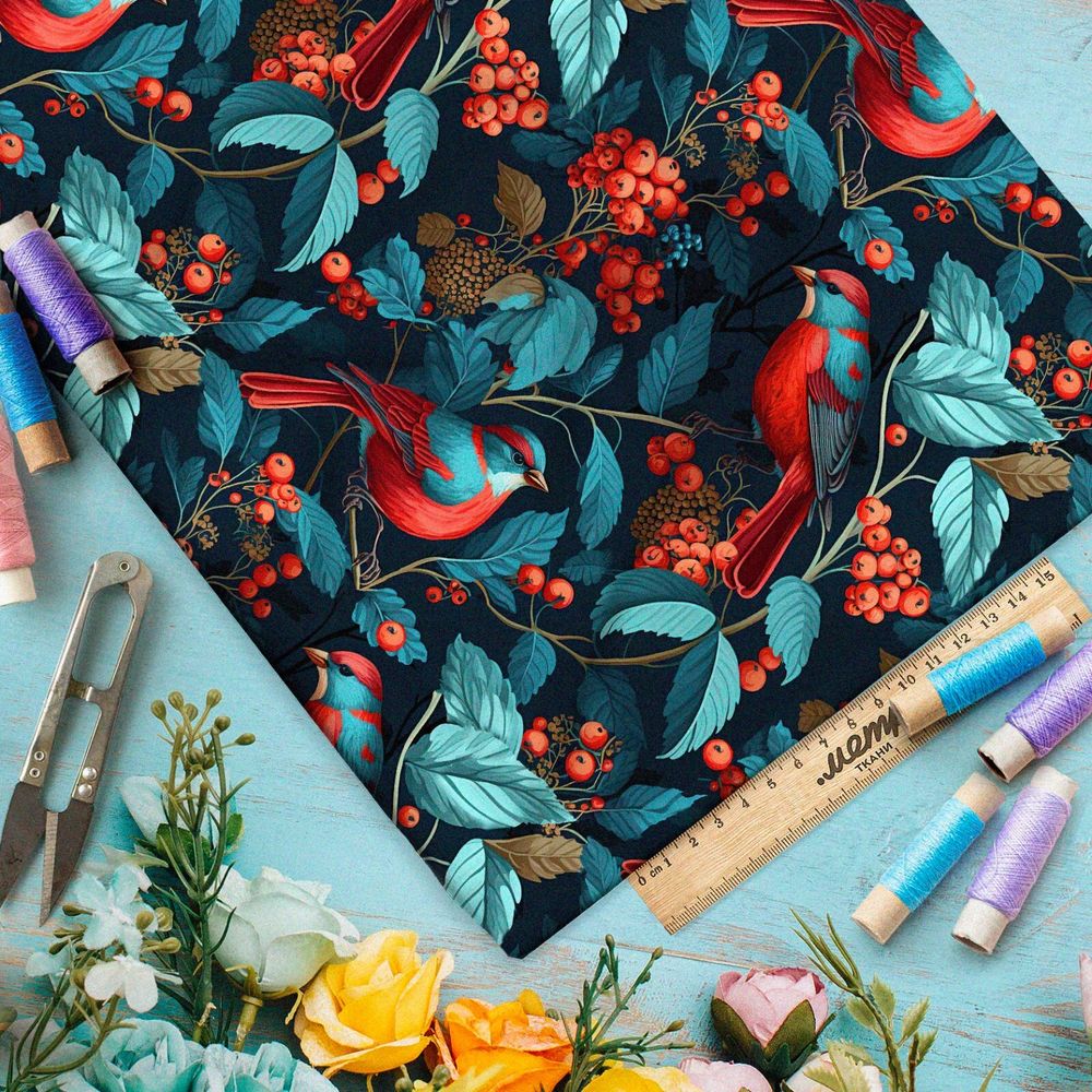 Ткань таффета райские птицы с рябиной