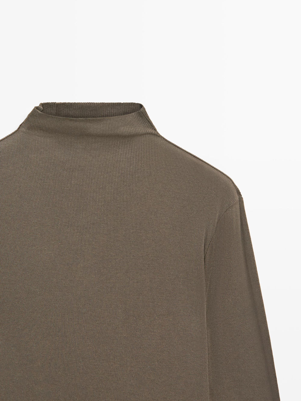 Massimo Dutti Хлопковая футболка в рубчик с длинными рукавами, кофейный