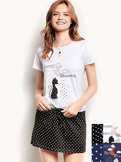 Коротенькое женское платье с надписью и кошечками (Размер: M) (Цвет: синий)