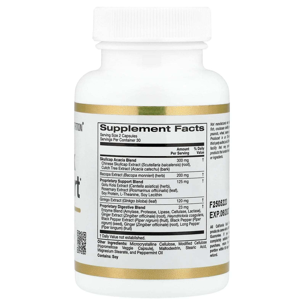 California Gold Nutrition, Think Support, с гинкго билоба, тюбетейкой, готу колой, бакопой и ферментами, 60 растительных капсул