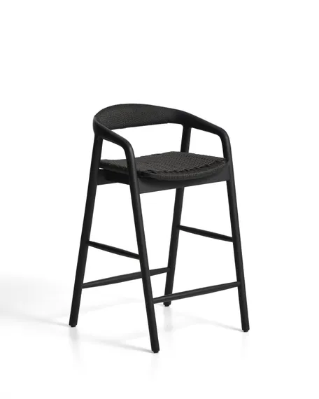 Уличный полубарный стул Derile из массива дуба и веревки в черной отделке