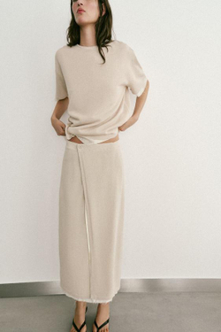 ZARA КОМБИНИРОВАННАЯ ЮБКА-ПАРЕО ИЗ ТРИКОТАЖА, СВЕТЛО-БЕЖЕВЫЙ