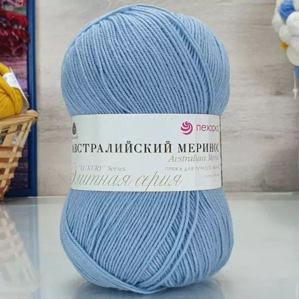 Австралийский меринос пряжа, Пехорка 95%меринос.шерсть 5%обьемный акрил 5х100г/400м 195 незабудка
