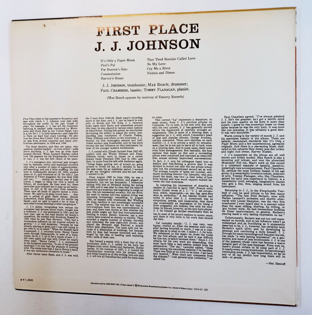 Винтажная виниловая пластинка LP J.J. Johnson First Place (Japan 1973)