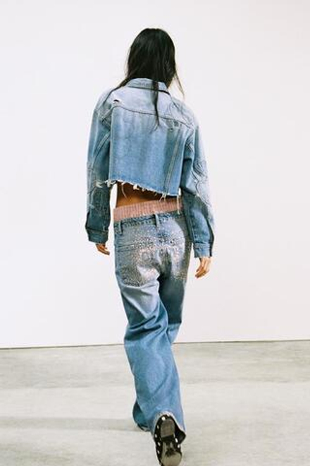 ZARA ДЖИНСЫ ПРЯМОГО КРОЯ СО СТРАЗАМИ И СРЕДНЕЙ ПОСАДКОЙ, СИНИЙ