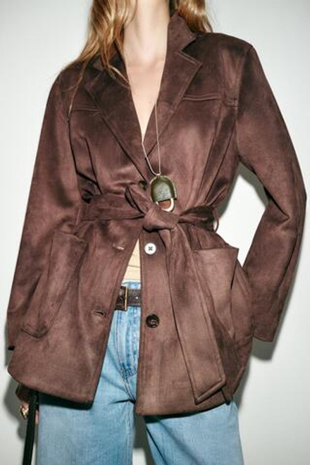 ZARA КУРТКА ИЗ ИСКУССТВЕННОЙ ЗАМШИ С РЕМНЕМ, ТЕМНО-КОРИЧНЕВЫЙ