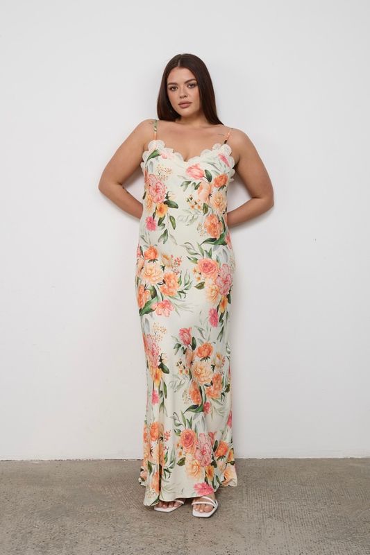 Платье-комбинация на тонких бретелях с отделкой кружевом, цветочный принт