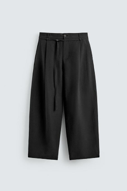 ZARA БРЮКИ BALLOON FIT С ЗАЩИПАМИ И ПОЯСОМ, ЧЕРНЫЙ